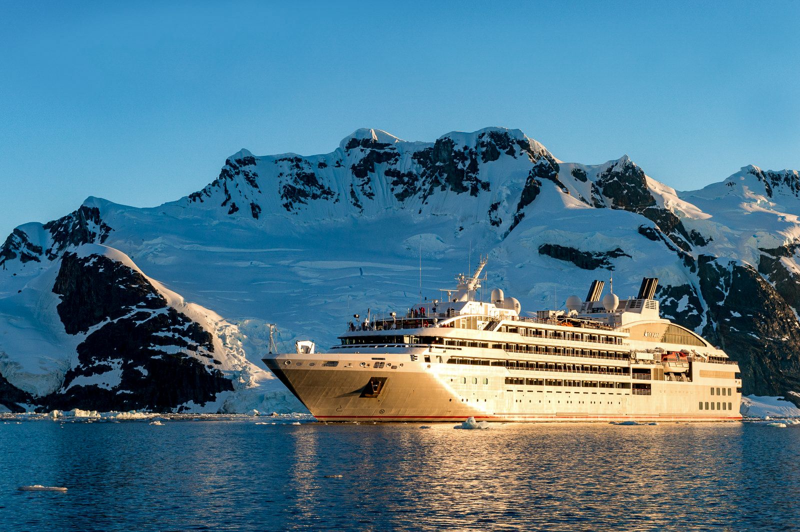 Exterior view of Ponant's Le Lyrial cruise ship in the Arctic