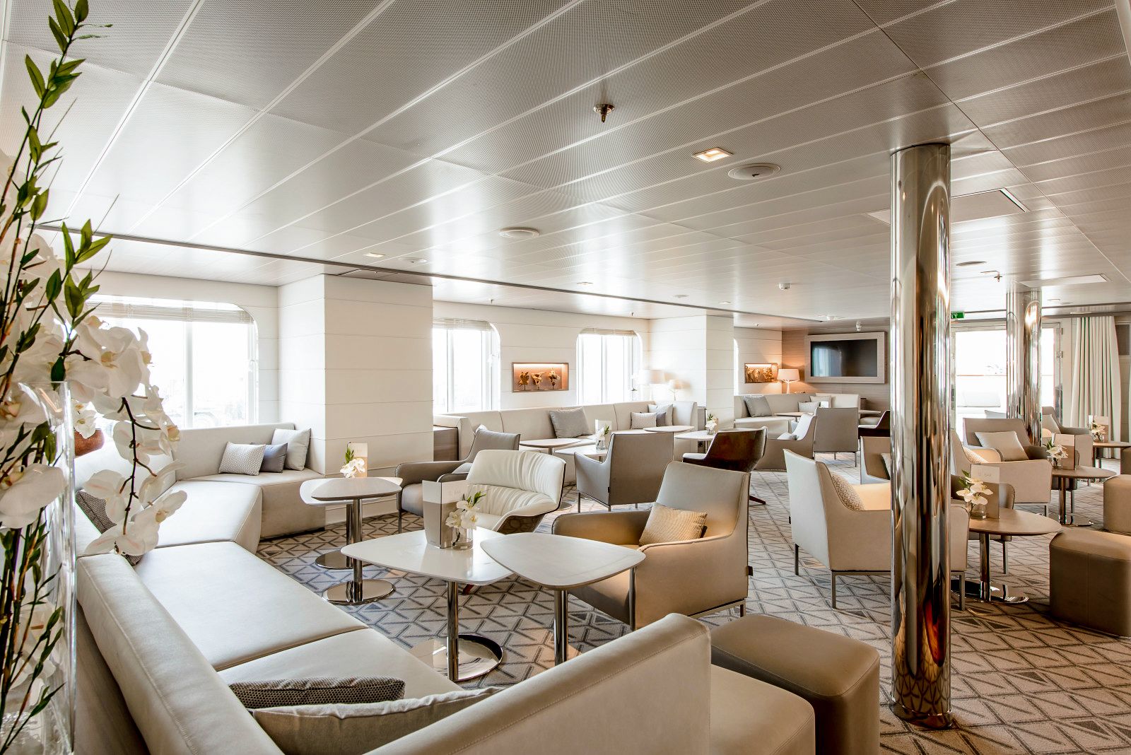 Lounge onboard Ponant's Le Lyrial cruise ship in the Arctic