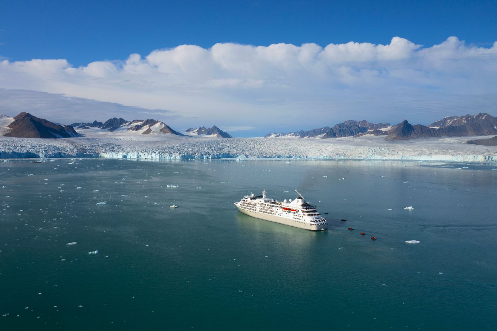 Aerial view of the Silver Cloud cruise ship by Silversea in the Arctic