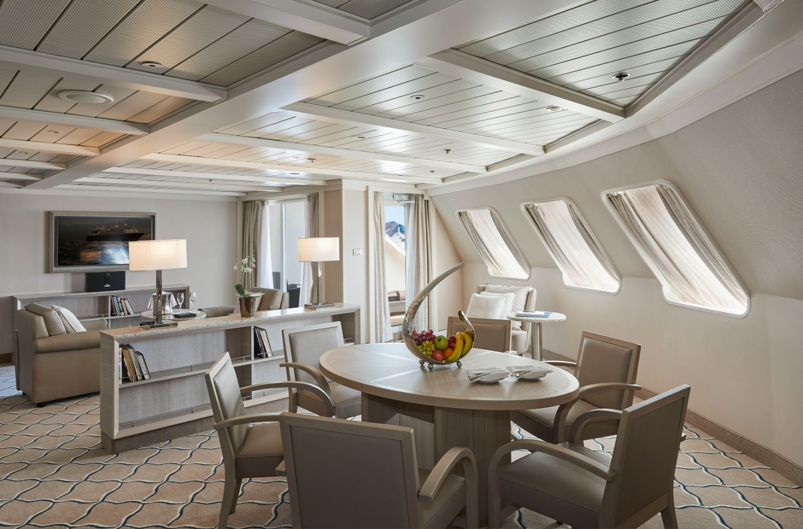 Cabin dining room onboard SIlversea's Silver Cloud cruise ship in the Arctic