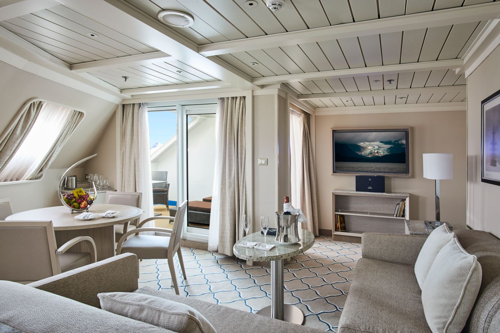 Living area onboard Silversea's Silver Cloud cruise ship in the Arctic
