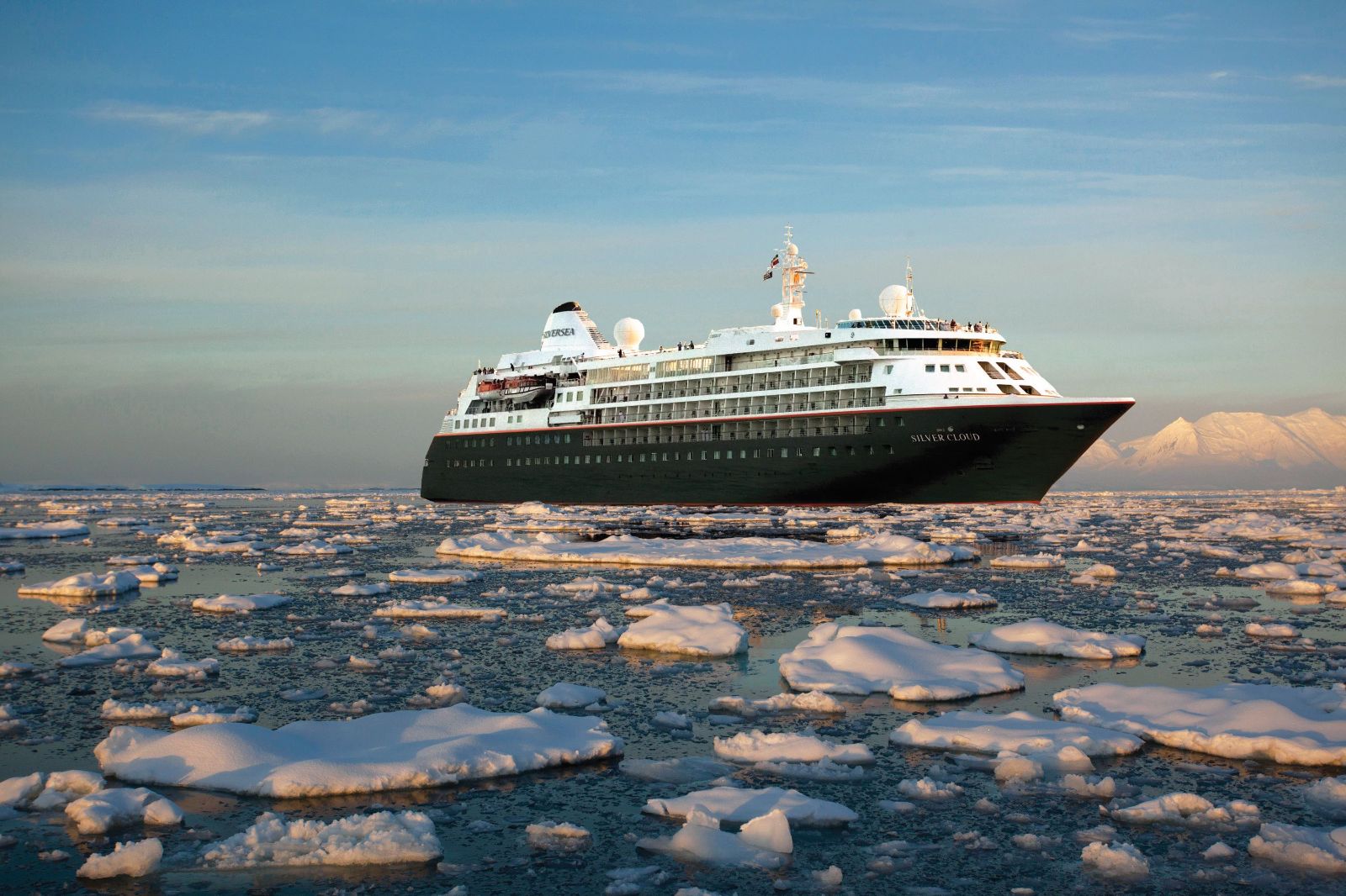 Exterior view of Silversea's Silver Cloud cruise ship in the Arctic