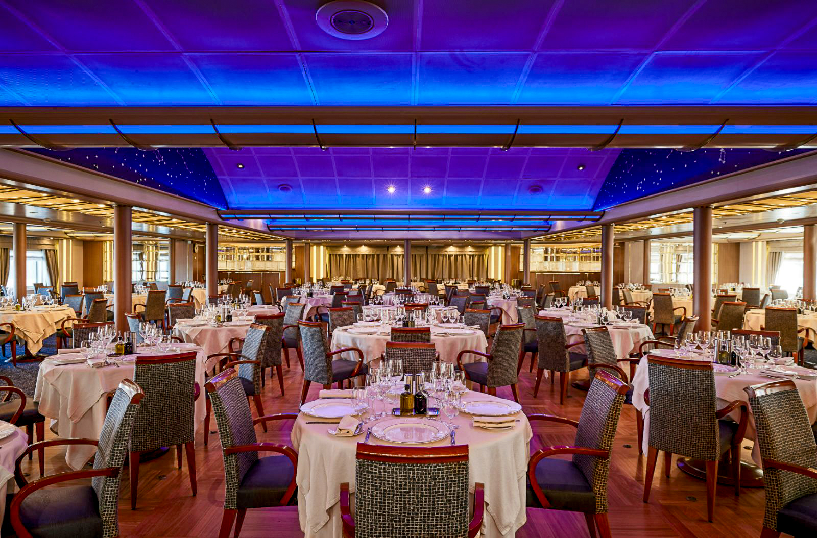 Restaurant onboard SIlversea's Silver Cloud cruise ship in the Arctic