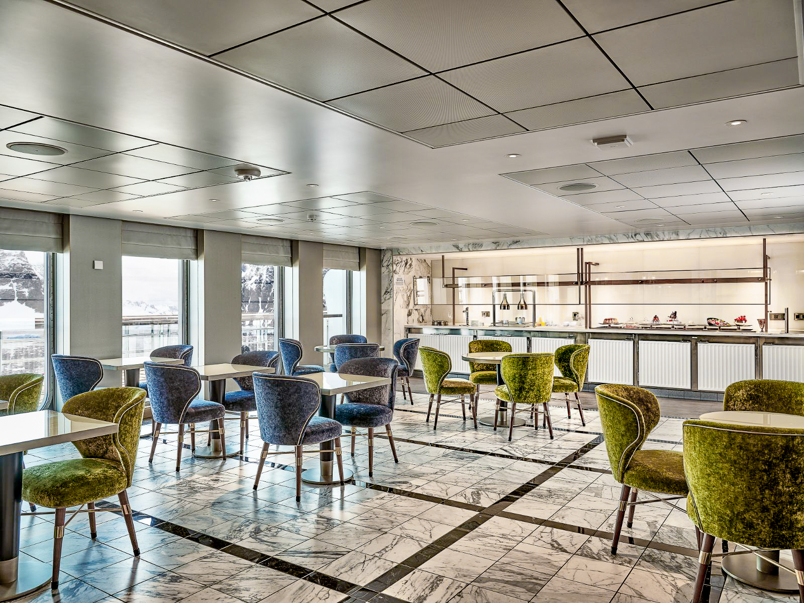 Dining room onboard the Silver Endeavour cruise ship by Silversea in the Arctic