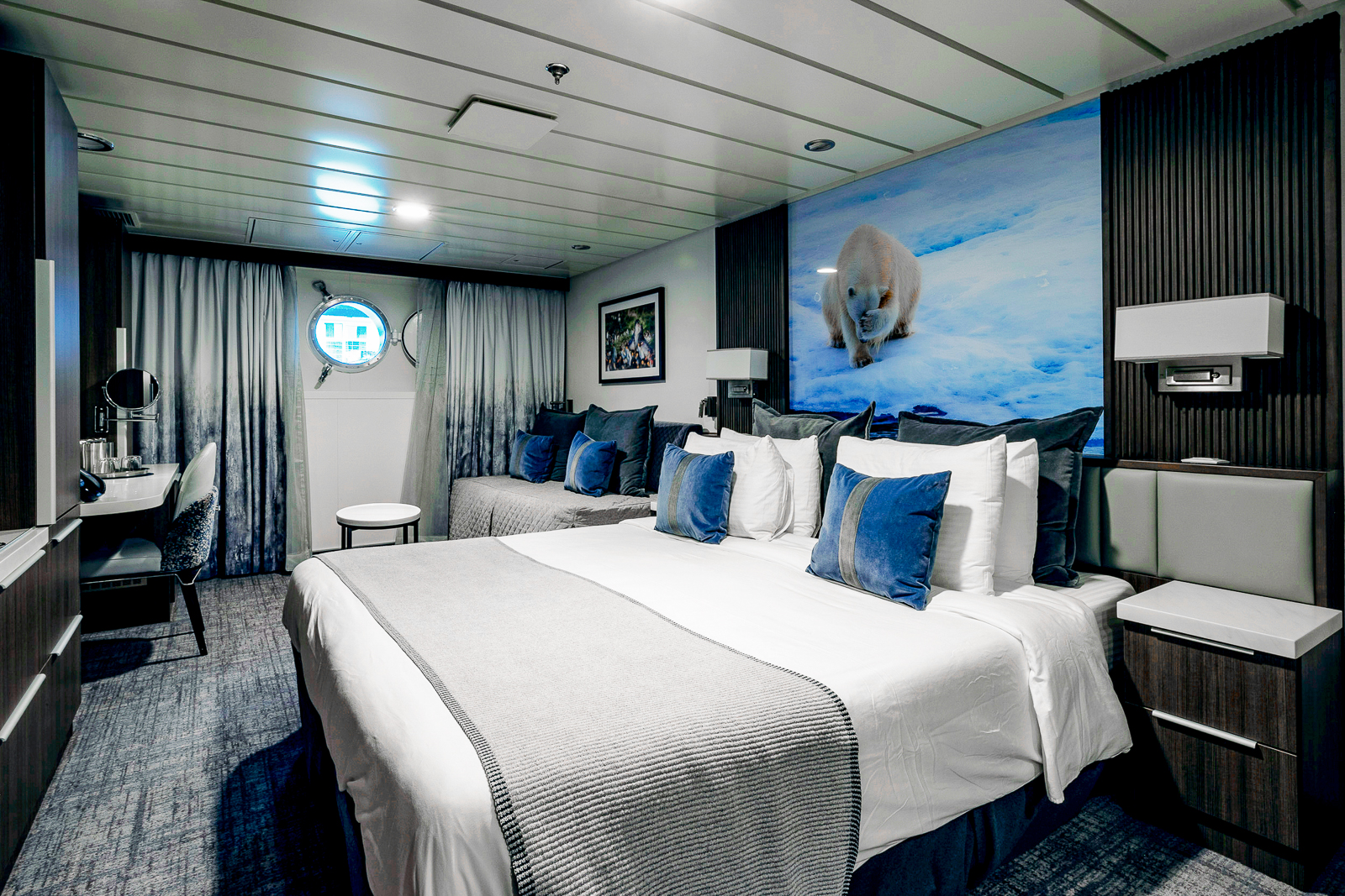 Aurora Stateroom onboard Aurora Expeditions' Sylvia Earle expedition cruise ship in the Arctic