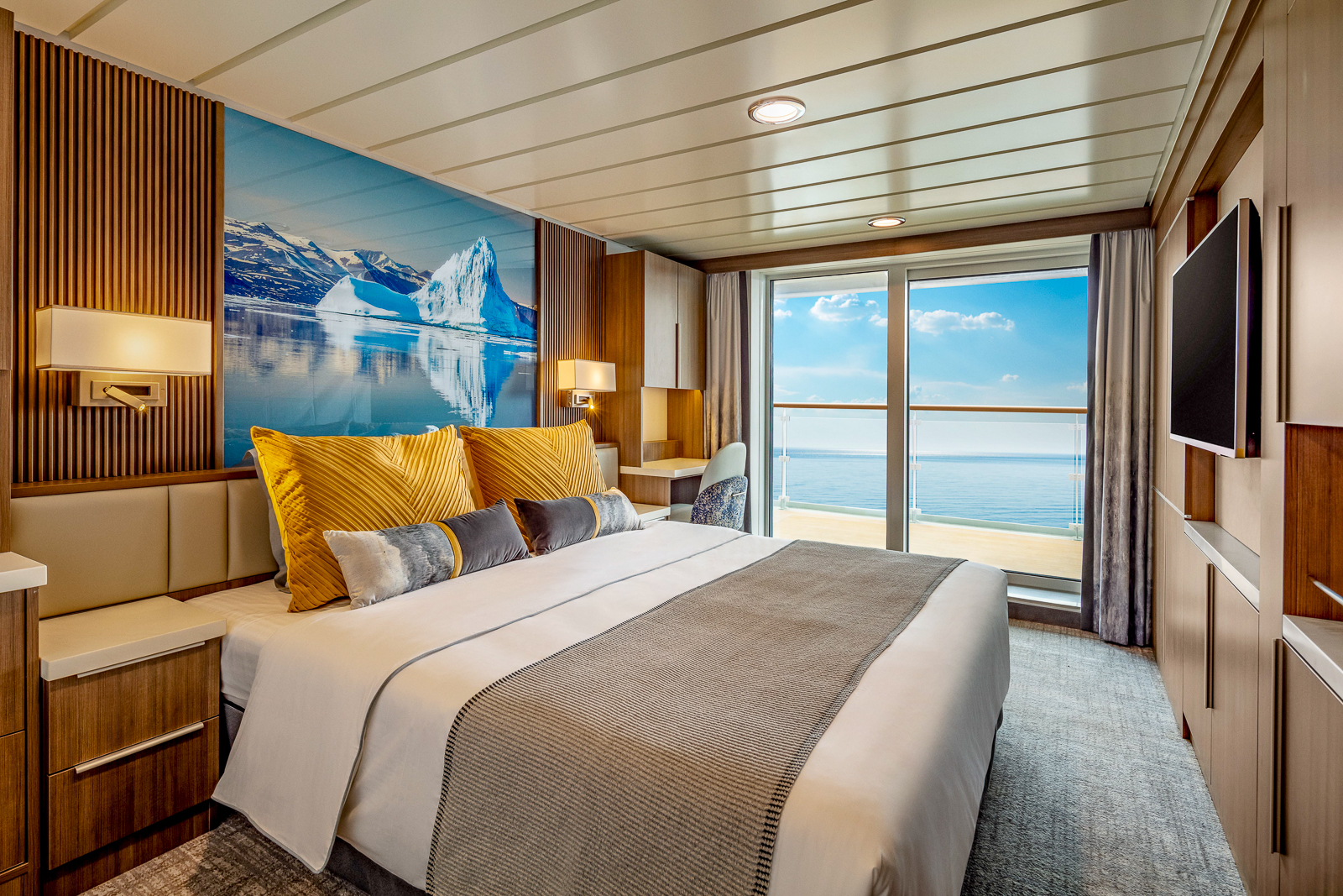A junior suite onboard Aurora Expeditions' Sylvia Earle expedition cruise ship in the Arctic