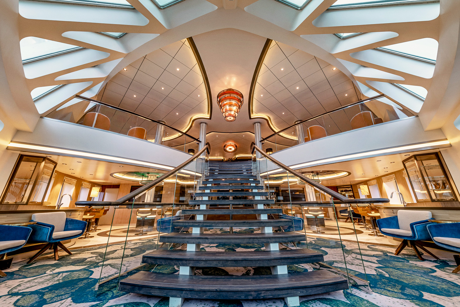 Stairs to the library onboard Aurora Expeditions' Sylvia Earle expedition cruise ship in the Arctic
