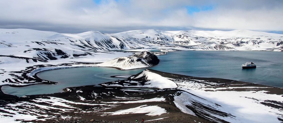 Aerial view of Deception Island in Antarctica