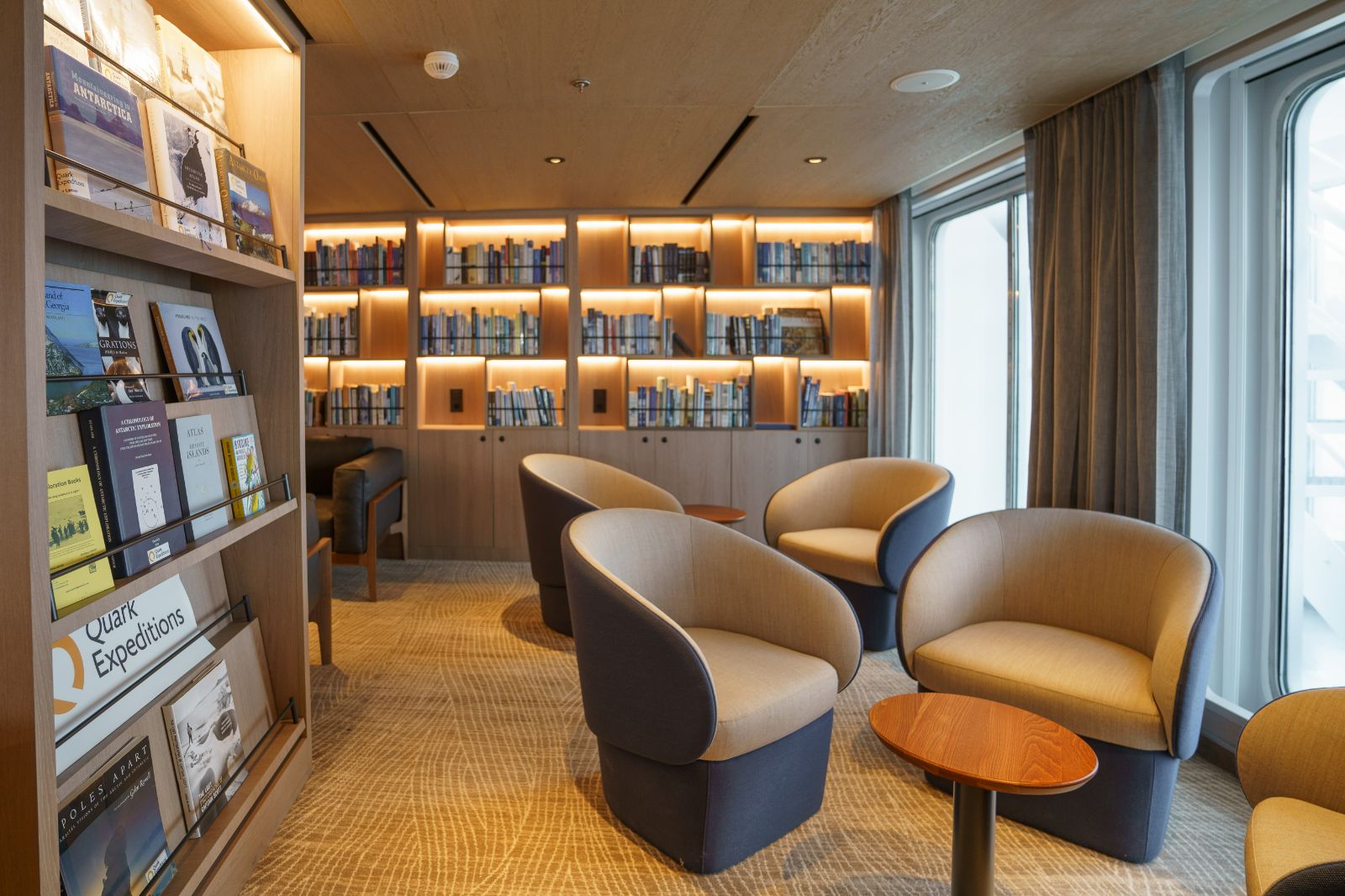 Library onboard Quark Expeditions' Ultramarine cruise ship in the Arctic