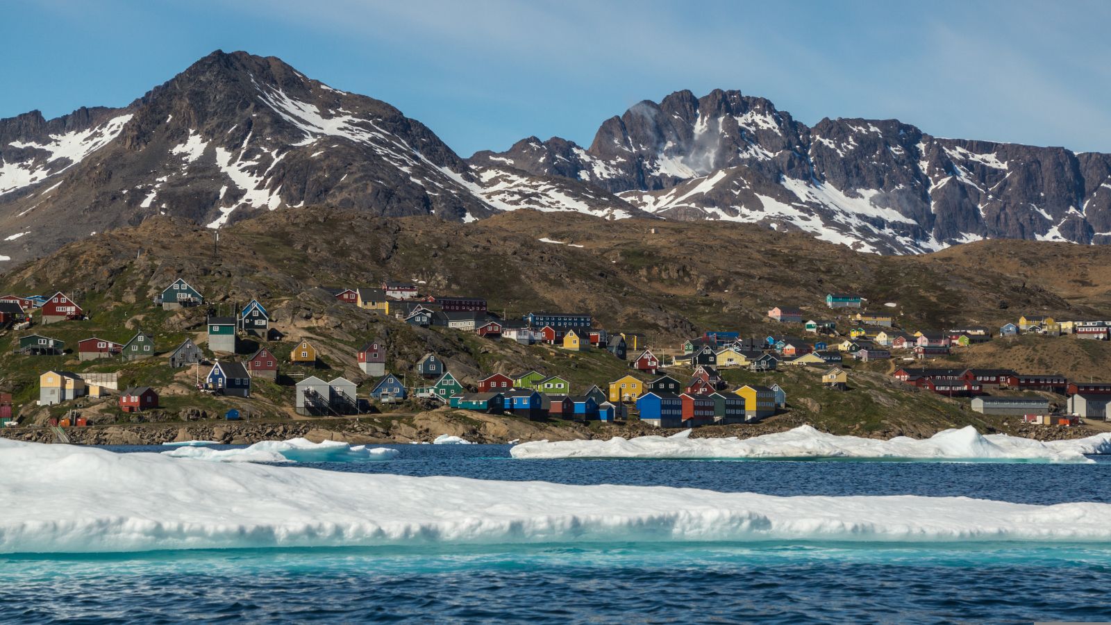 A small town with colourful houses in Greenland facing the water and floating ice