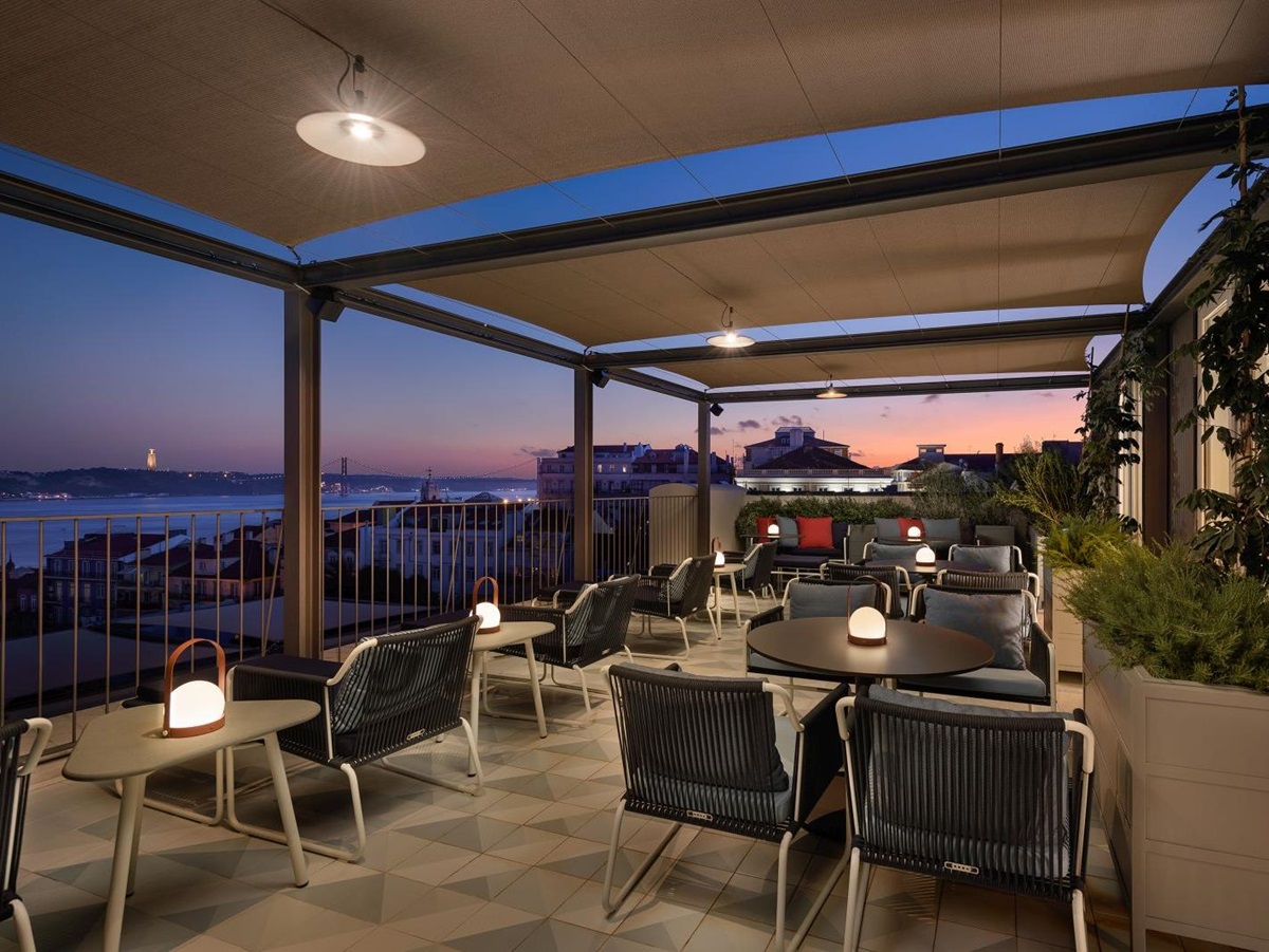 Sunset view from the roofop terrace at the Bairro Alto Hotel in Lisbon Portugal