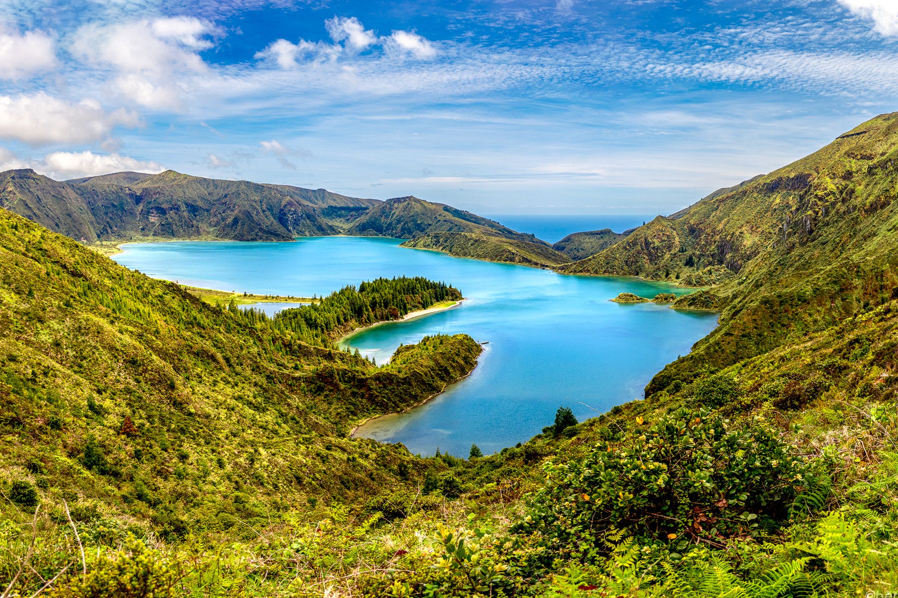Aerial view of a lagoon in Portugal's Azores