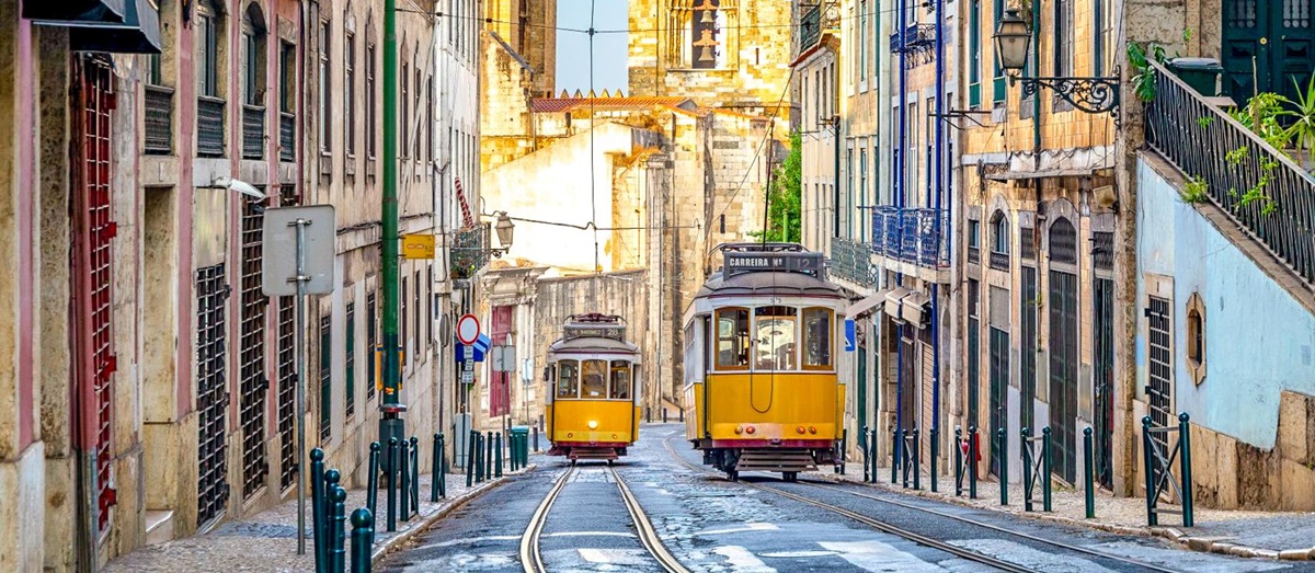 Yello trams on the streets of Lisbon