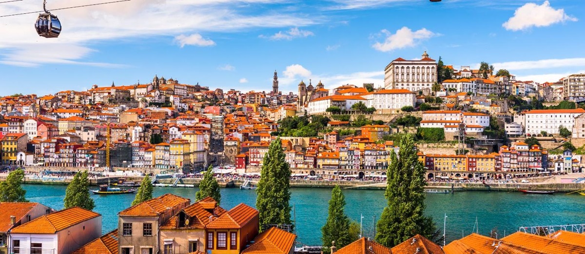 Aerial view of Douro River and cityscape in Porto, Portugal