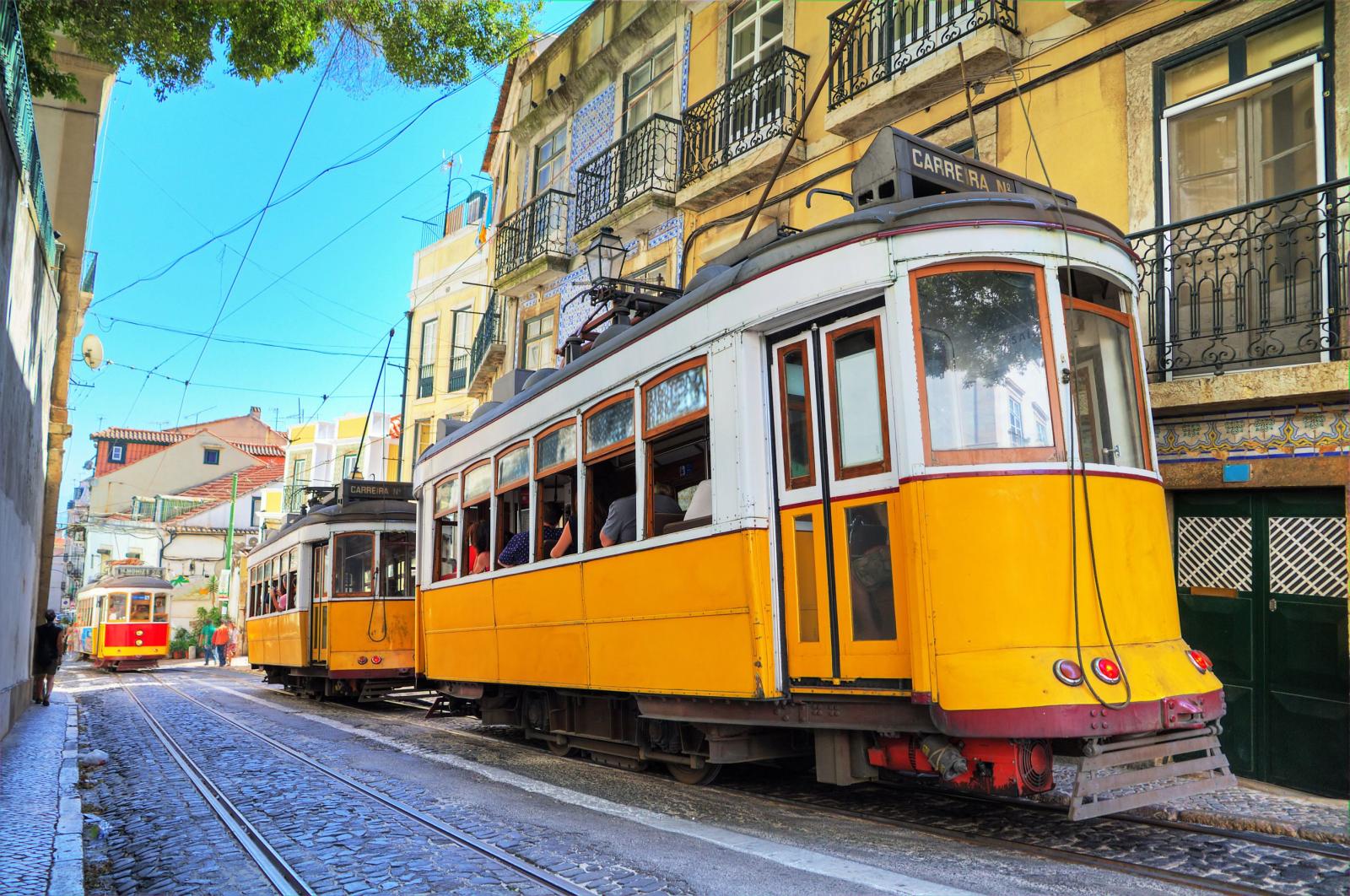 Yellow trams in Lisbon, Portugal