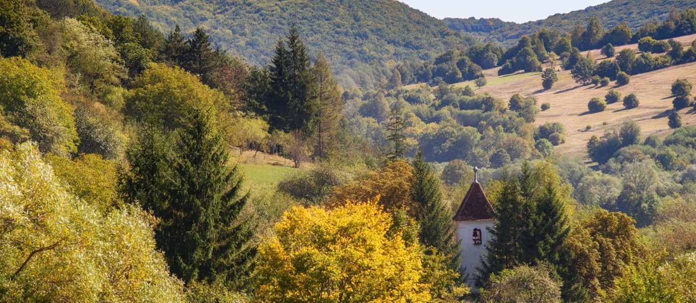 Church spire with backdrop of trees and hills in Transylvanian valley, Romania