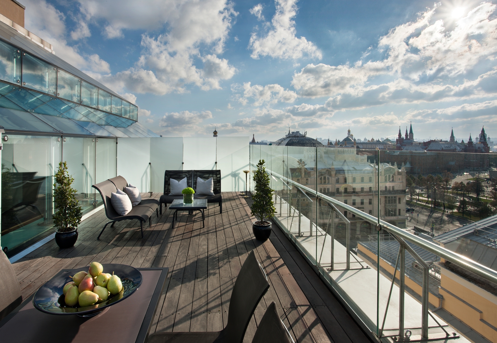 Suite terrace at Ararat Park Hyatt with seating and beautiful views of the city