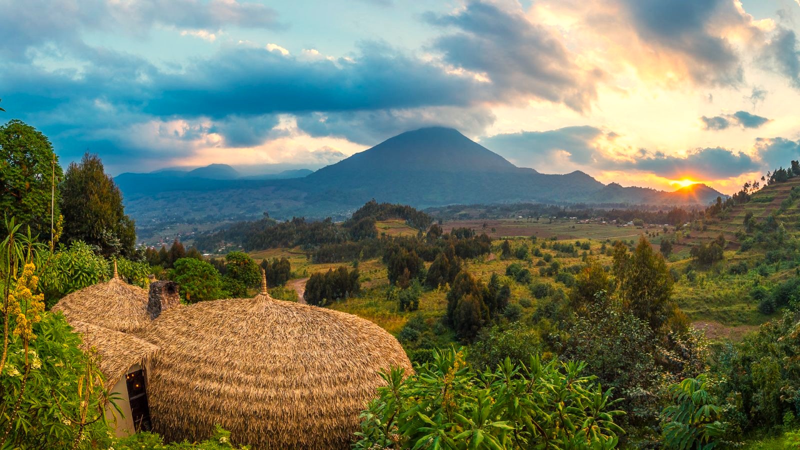 View of the volcanoes from Wilderness Bisate Lodge in Rwanda