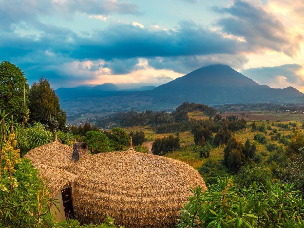 View of the volcanoes from Wilderness Bisate Lodge in Rwanda