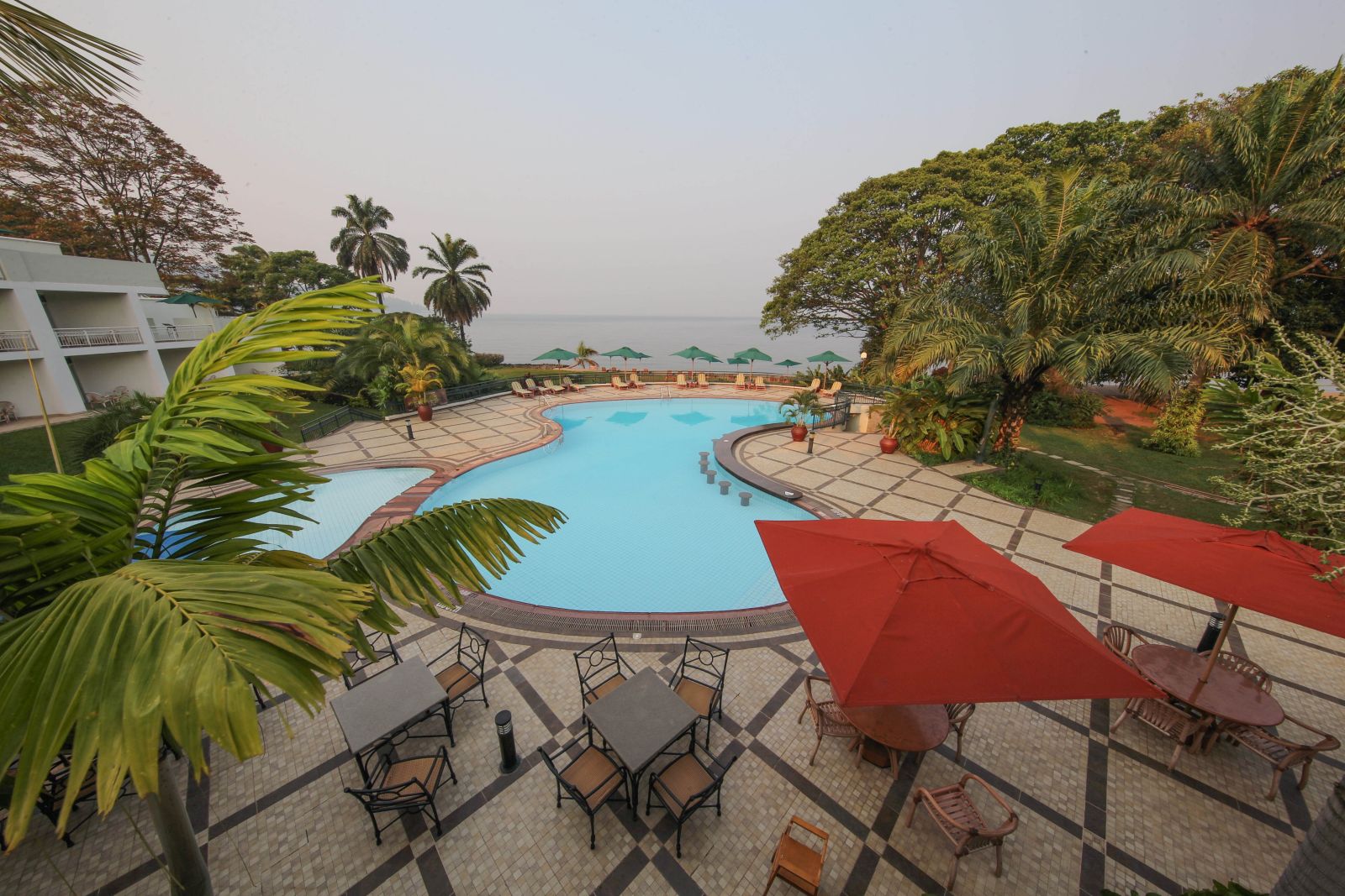 View of the pool at Kivu Serena Hotel in Rwanda 