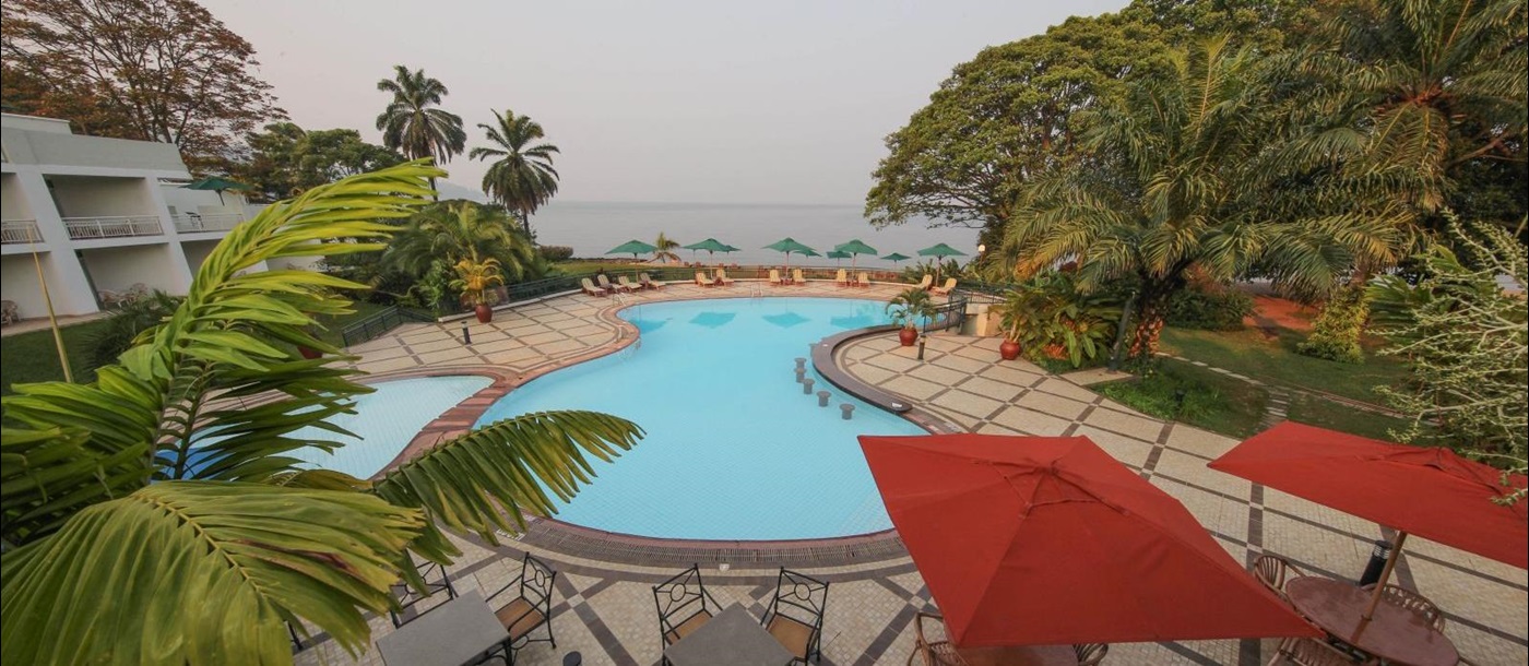 View of the pool at Kivu Serena Hotel in Rwanda 