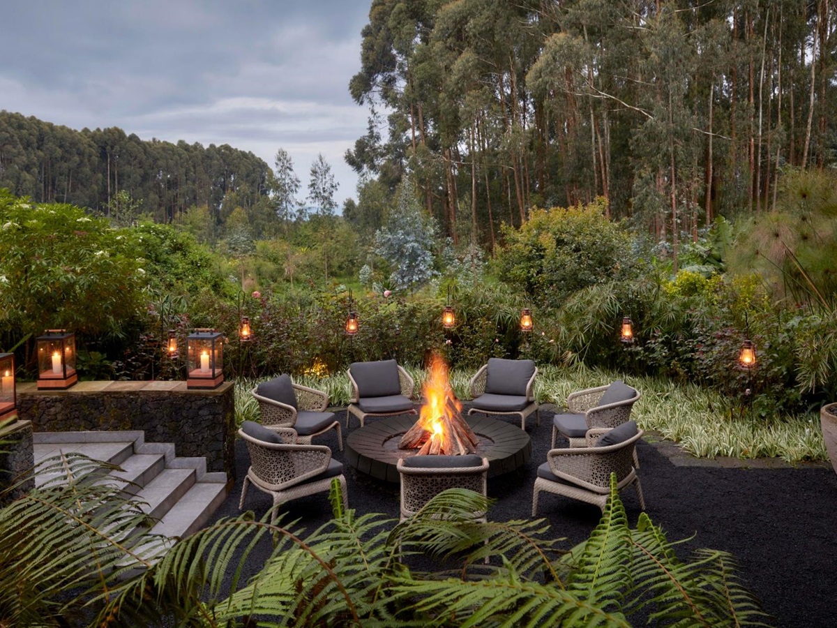 Firepit lit in the boma at One&Only Gorilla's Nest in Rwanda's Volcanoes National Park