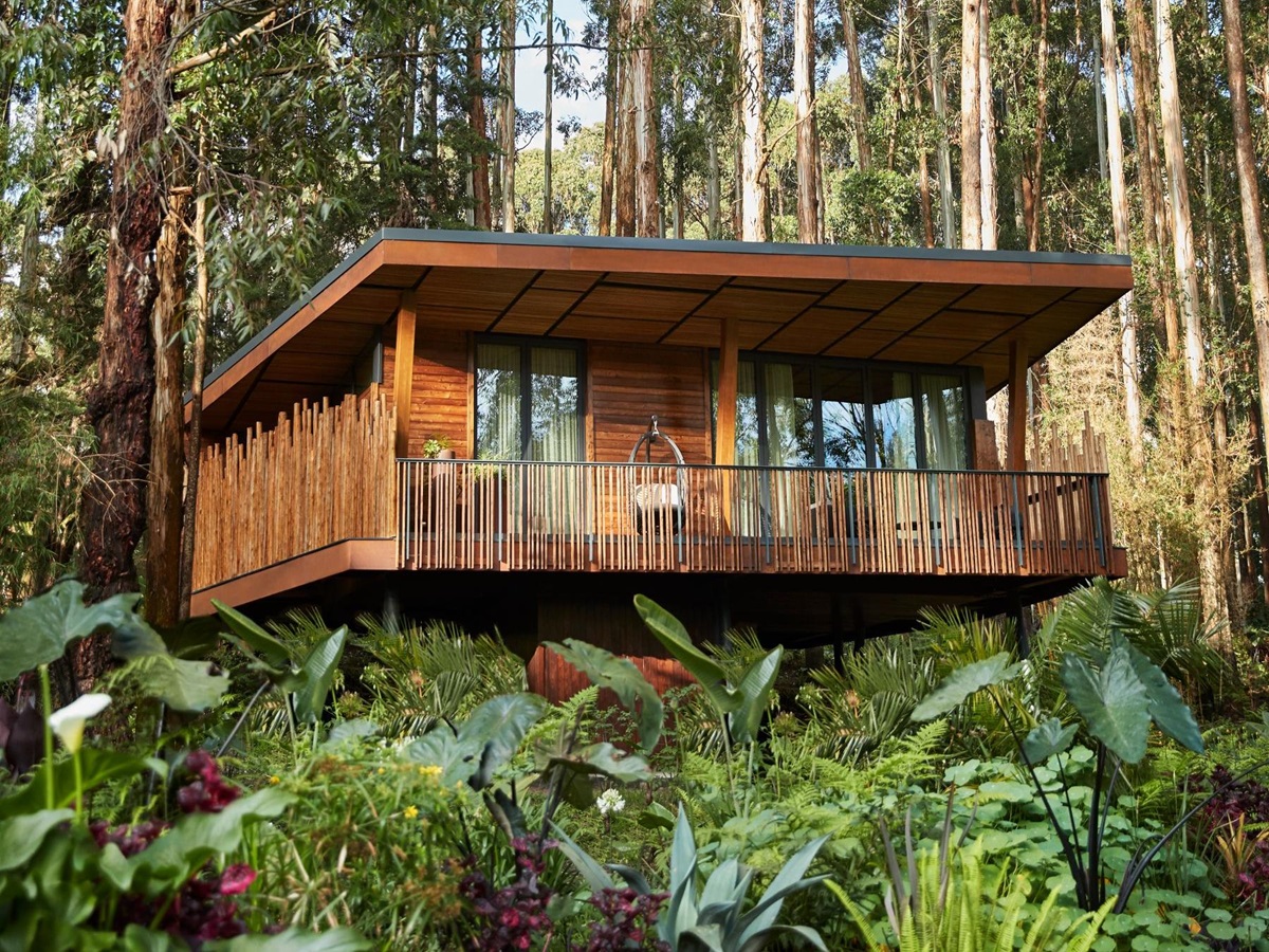 Exterior view of a guest cabin at One&Only Gorilla's Nest in Rwanda's Volcanoes National Park