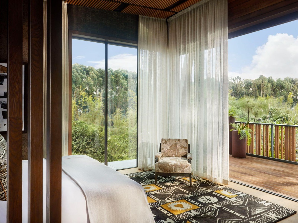 Silverback suite bedroom at One&Only Gorilla's Nest in Rwanda's Volcanoes National Park