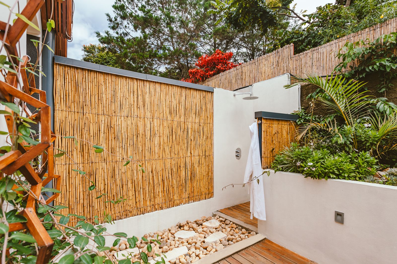 Outdoor guest suite shower at The Retreat in Kigali, Rwanda