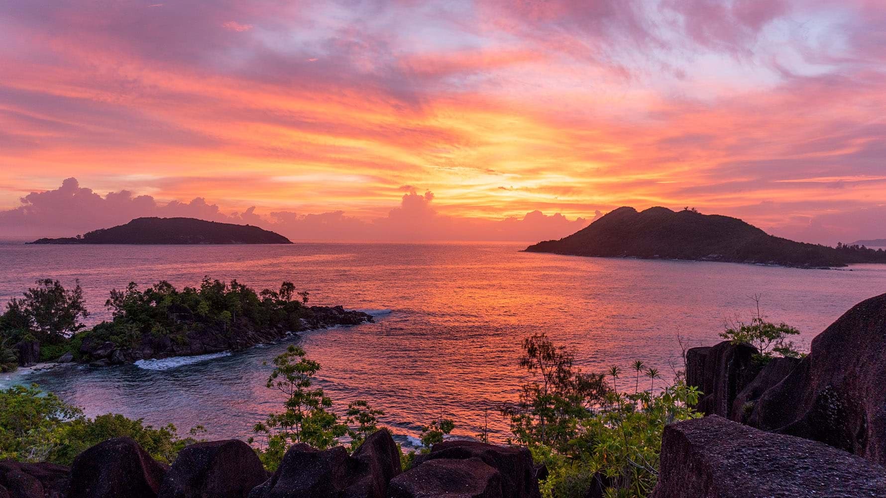panoramic at sunset from Constance Ephelia Resort, Seychelles