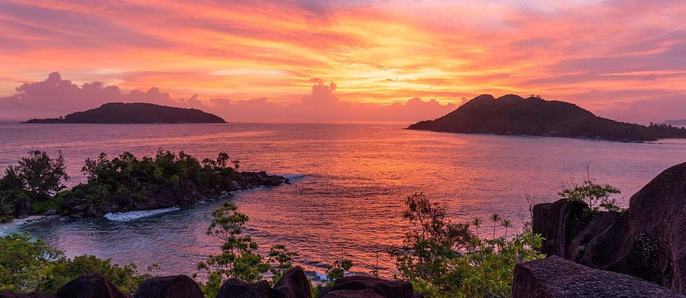 panoramic at sunset from Constance Ephelia Resort, Seychelles