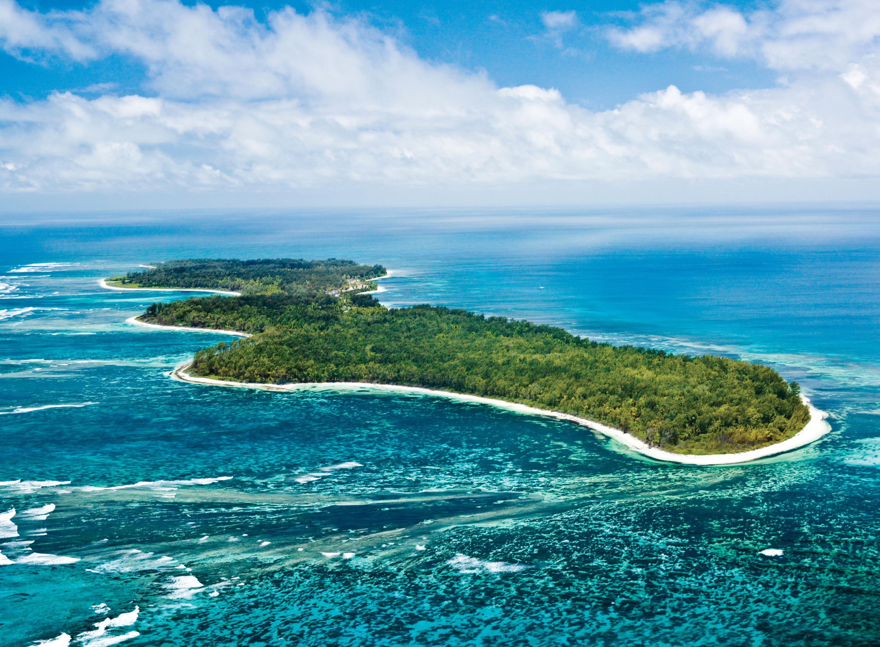 An aerial shot of Desroches, Seychelles