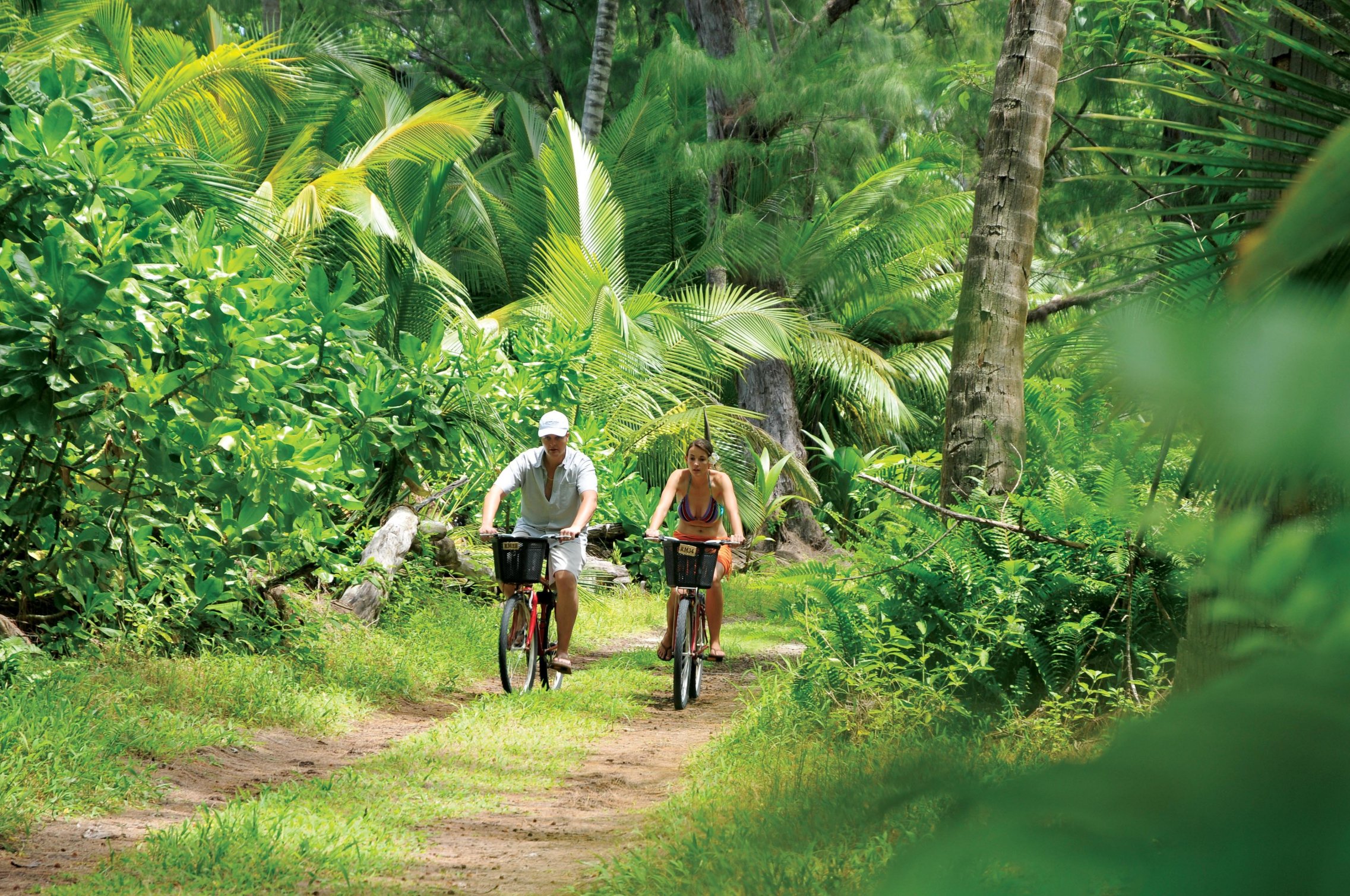 Two bikers in the jungle at Desroches, Seychelles