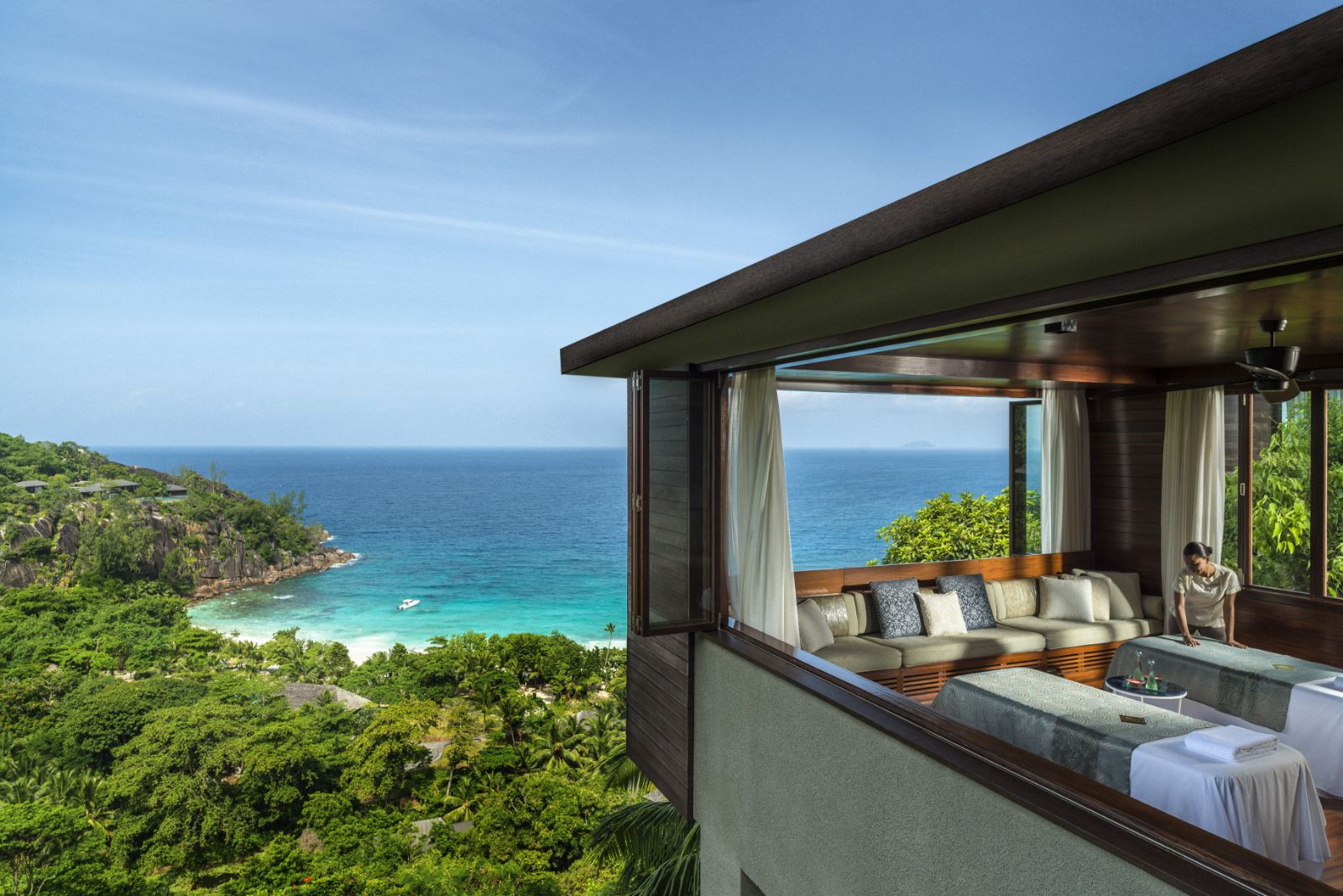 Spa treatment room overlooking the ocean at Four Seasons Seychelles
