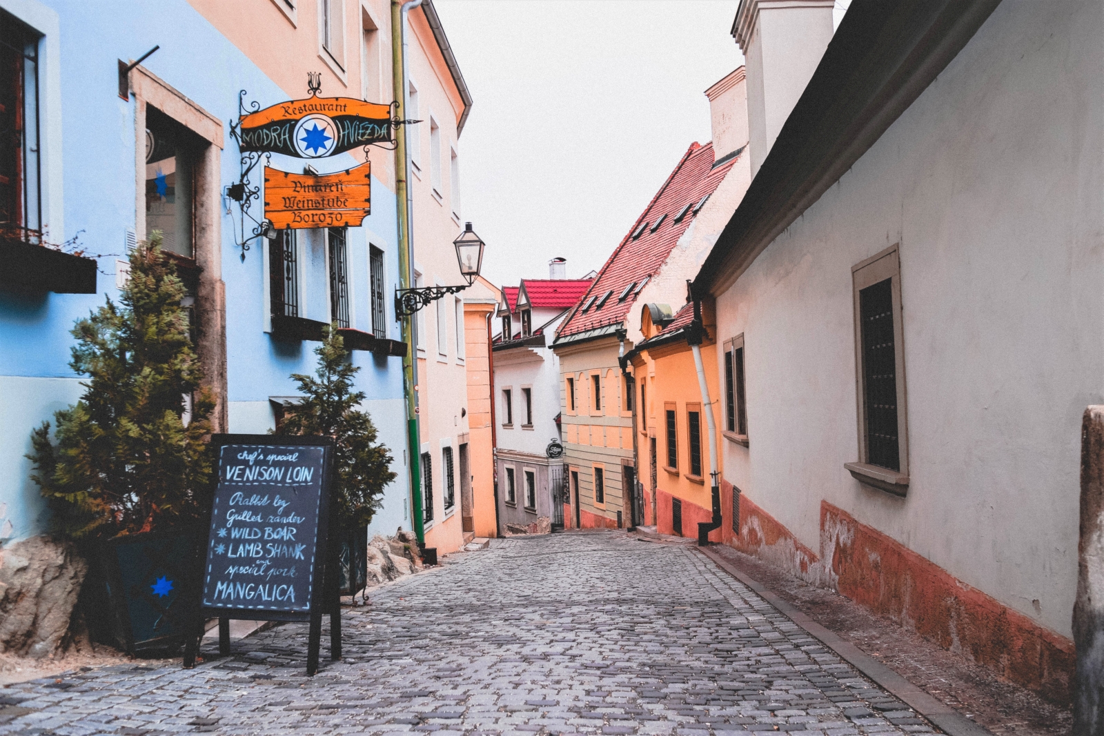 Street view with restaurant in Bratislava in Slovakia