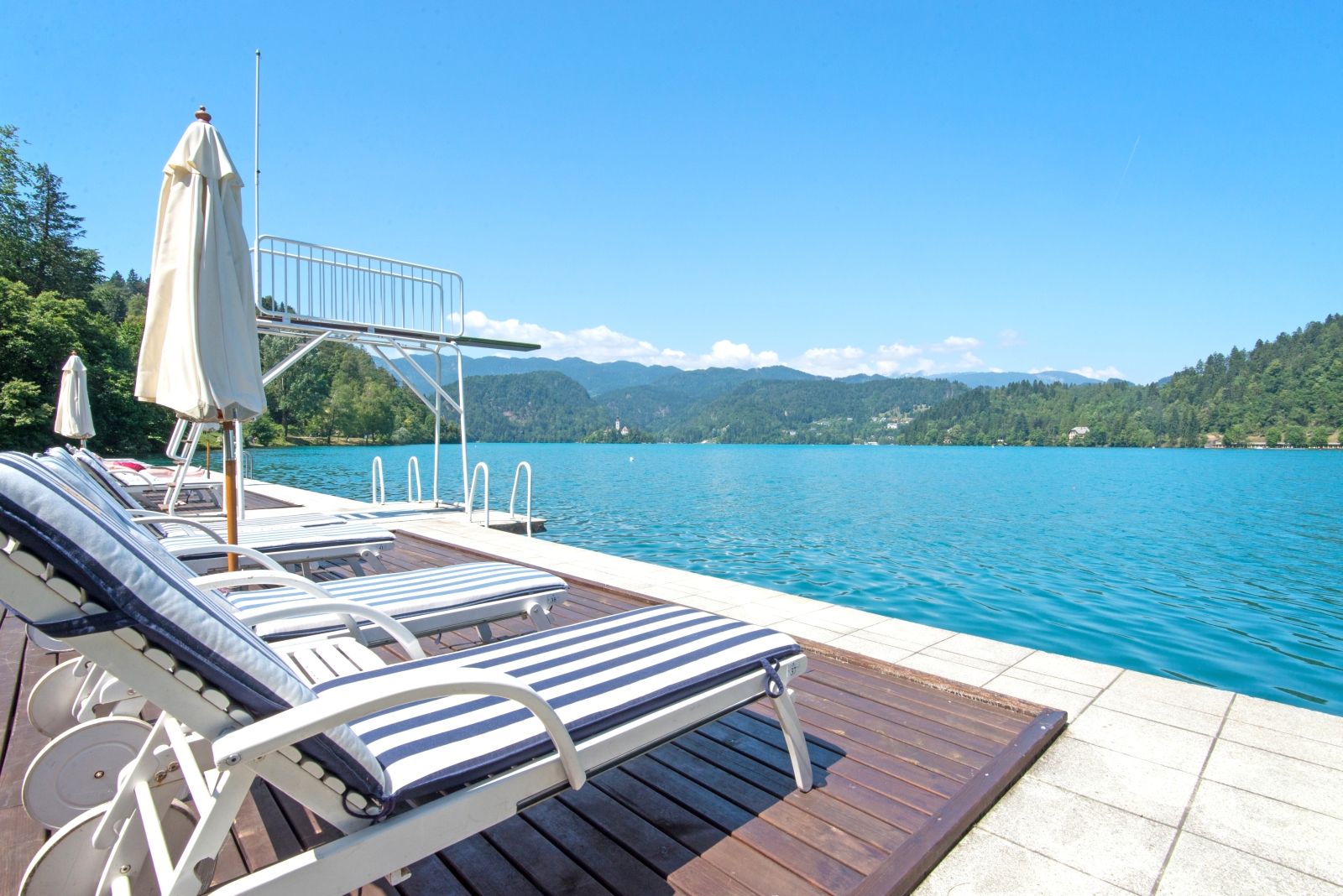 Views of lake from loungers at Grand Hotel Toplice in Slovenia