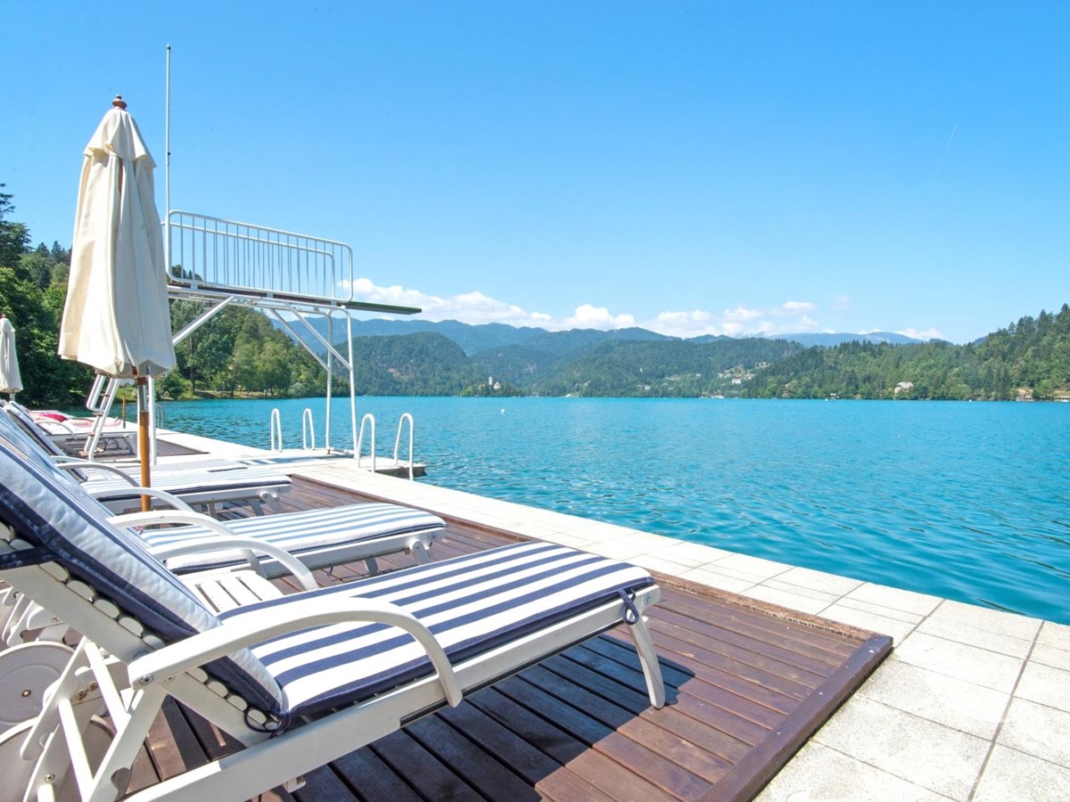Views of lake from loungers at Grand Hotel Toplice in Slovenia