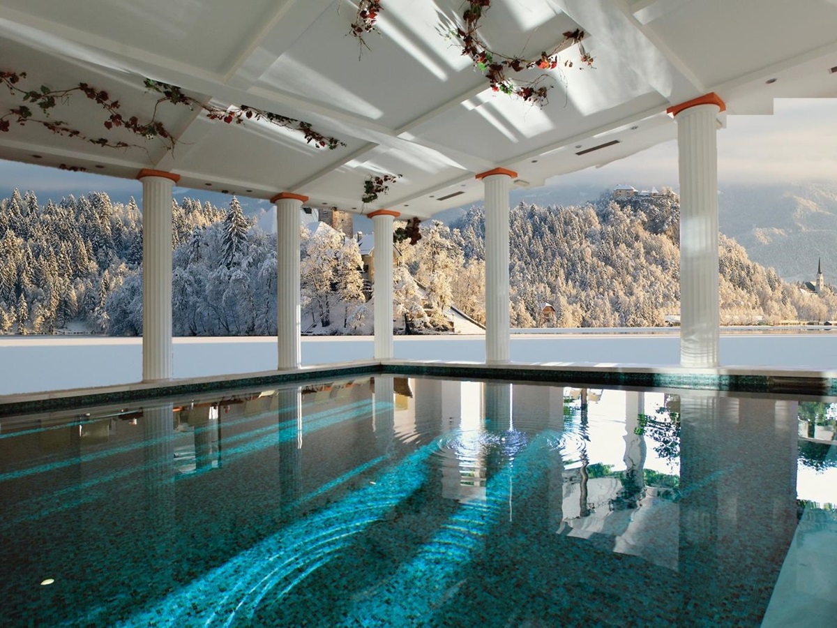 Indoor pool with views of lake at Grand Hotel Toplice in Slovenia