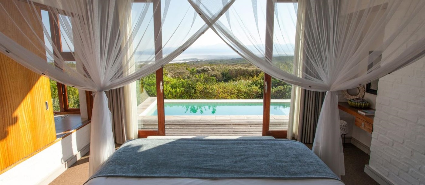 Pool view from bedroom at Grootbos Forest Lodge in South Africa