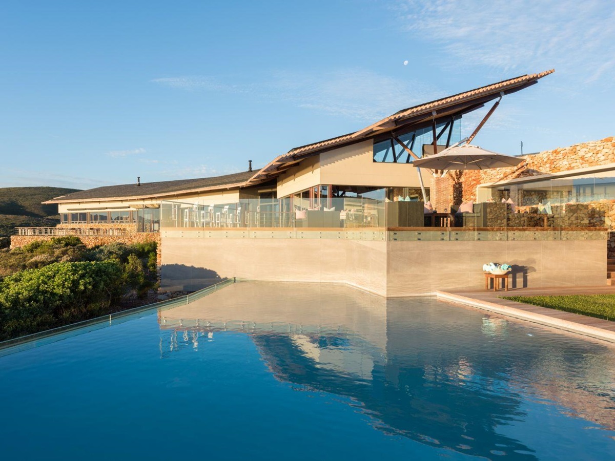 Exterior view of lodge and pool at Grootbos Forest Lodge in South Africa