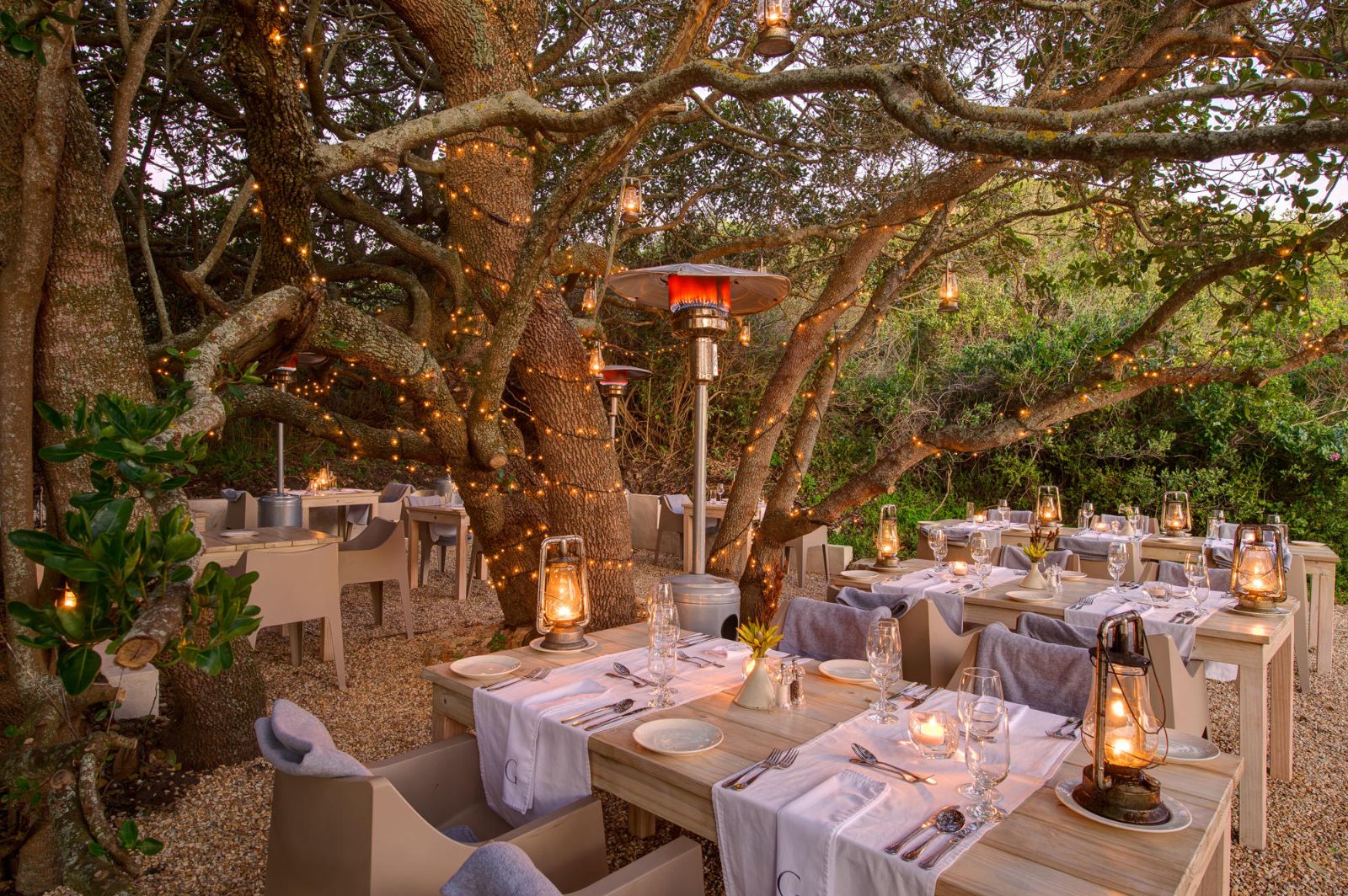 Outside boma restaurant at luxury lodge Grootbos Garden Lodge in South Africa