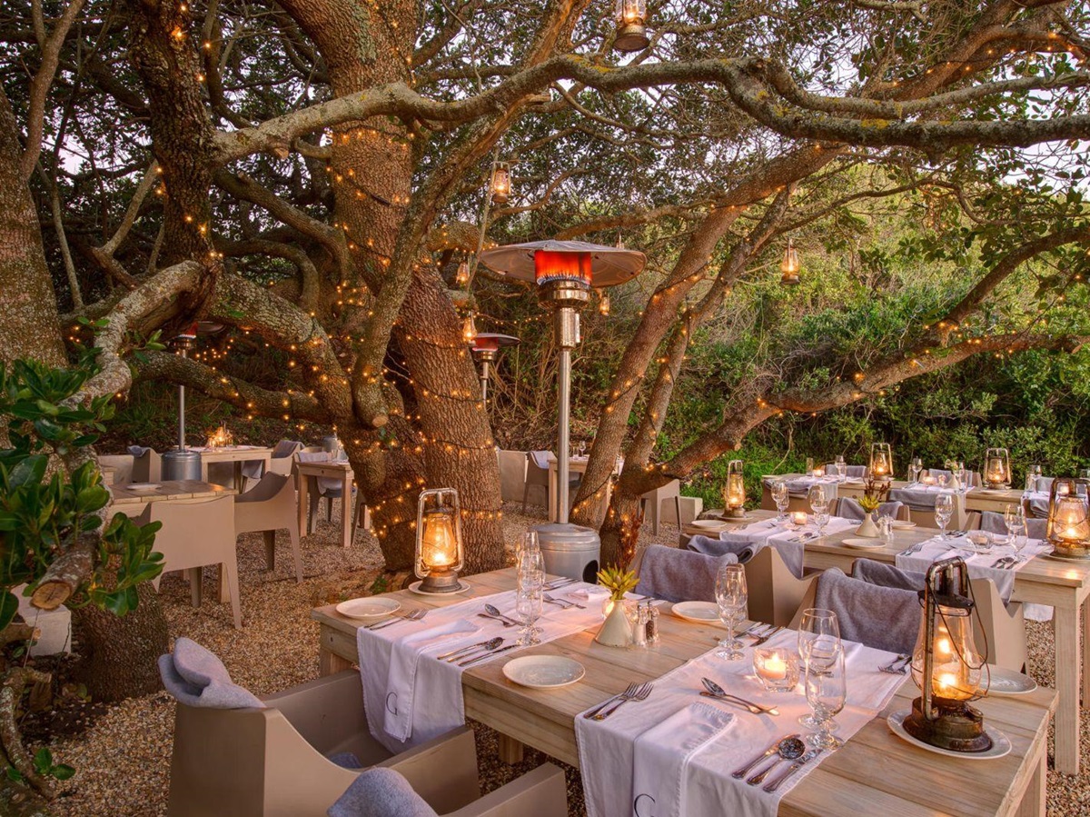 Outside boma restaurant at luxury lodge Grootbos Garden Lodge in South Africa