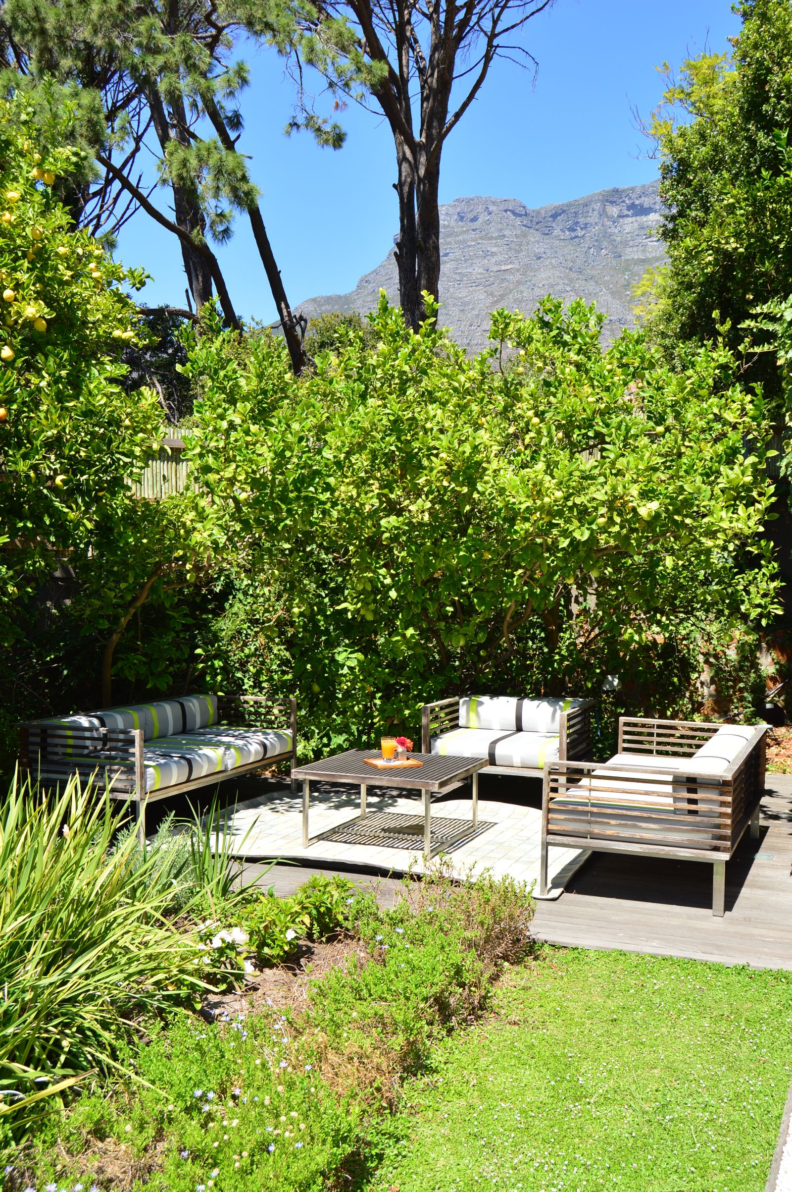 Beautiful garden sitting area at luxury hotel Kensington Place in Cape Town South Africa