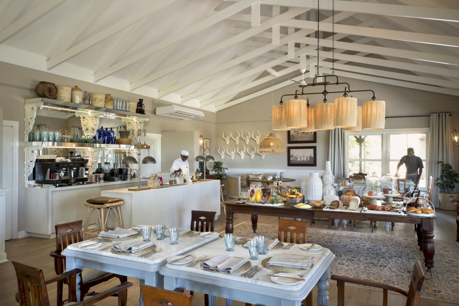 A lavish breakfast served in the main lodge at luxury safari lodge Kirman's Kamp in the Sabi Sands, South Africa