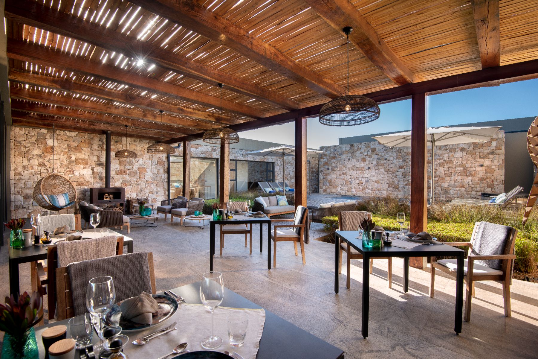 Courtyard prepared for lunch at Morukuru Beach Lodge in the De Hoop Nature Reserve
