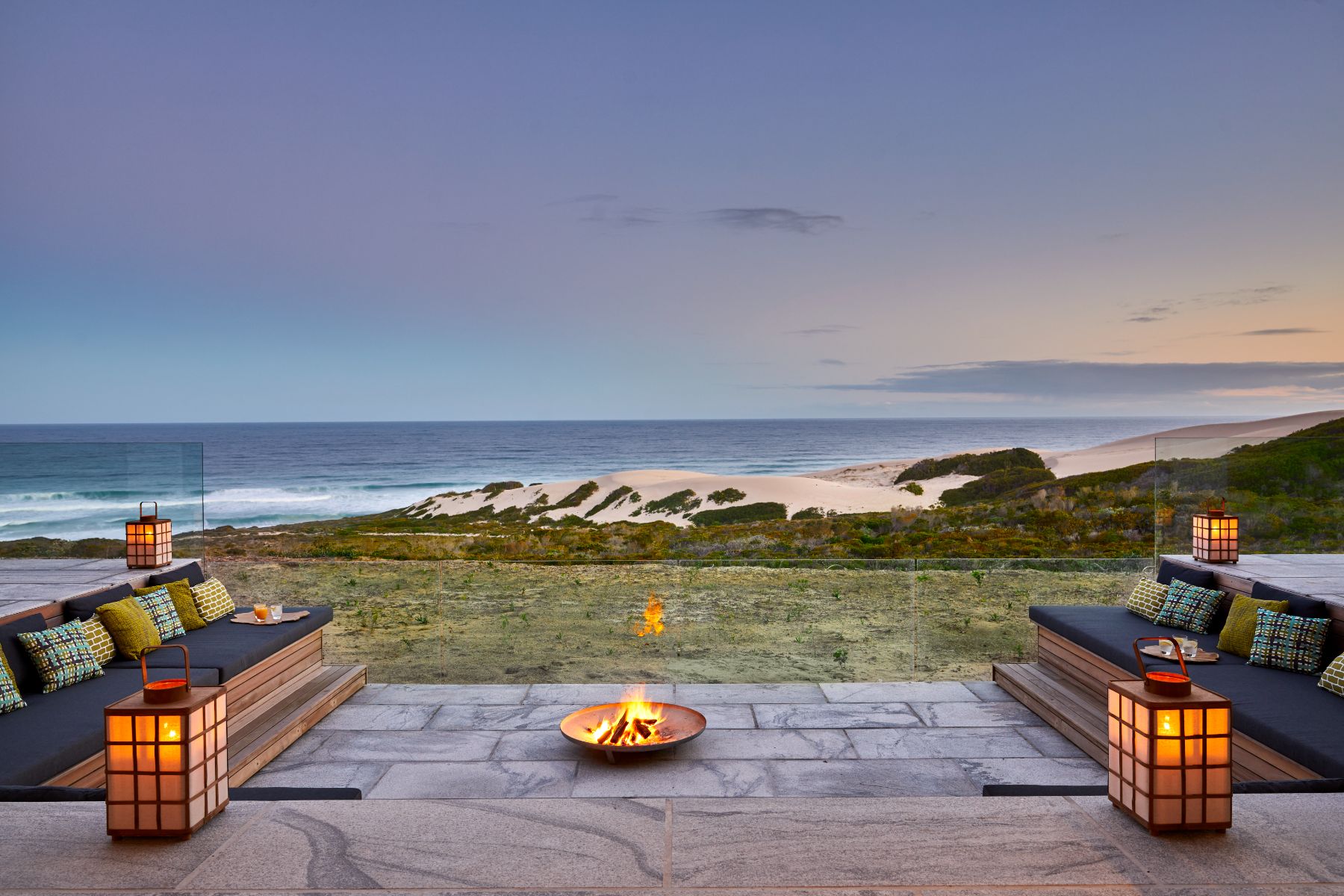 Firepit with ocean views at Morukuru Beach Lodge in the De Hoop Nature Reserve