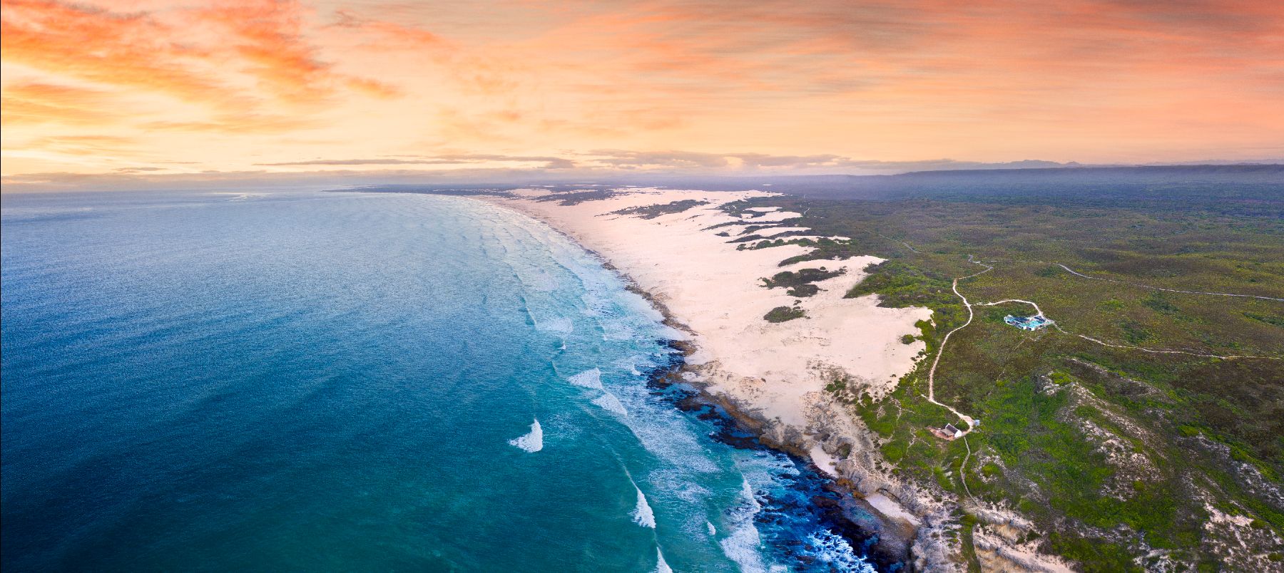 Panoramic views of the coastline at Morukuru Beach Lodge in the De Hoop Nature Reserve