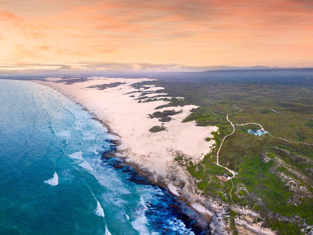 Panoramic views of the coastline at Morukuru Beach Lodge in the De Hoop Nature Reserve
