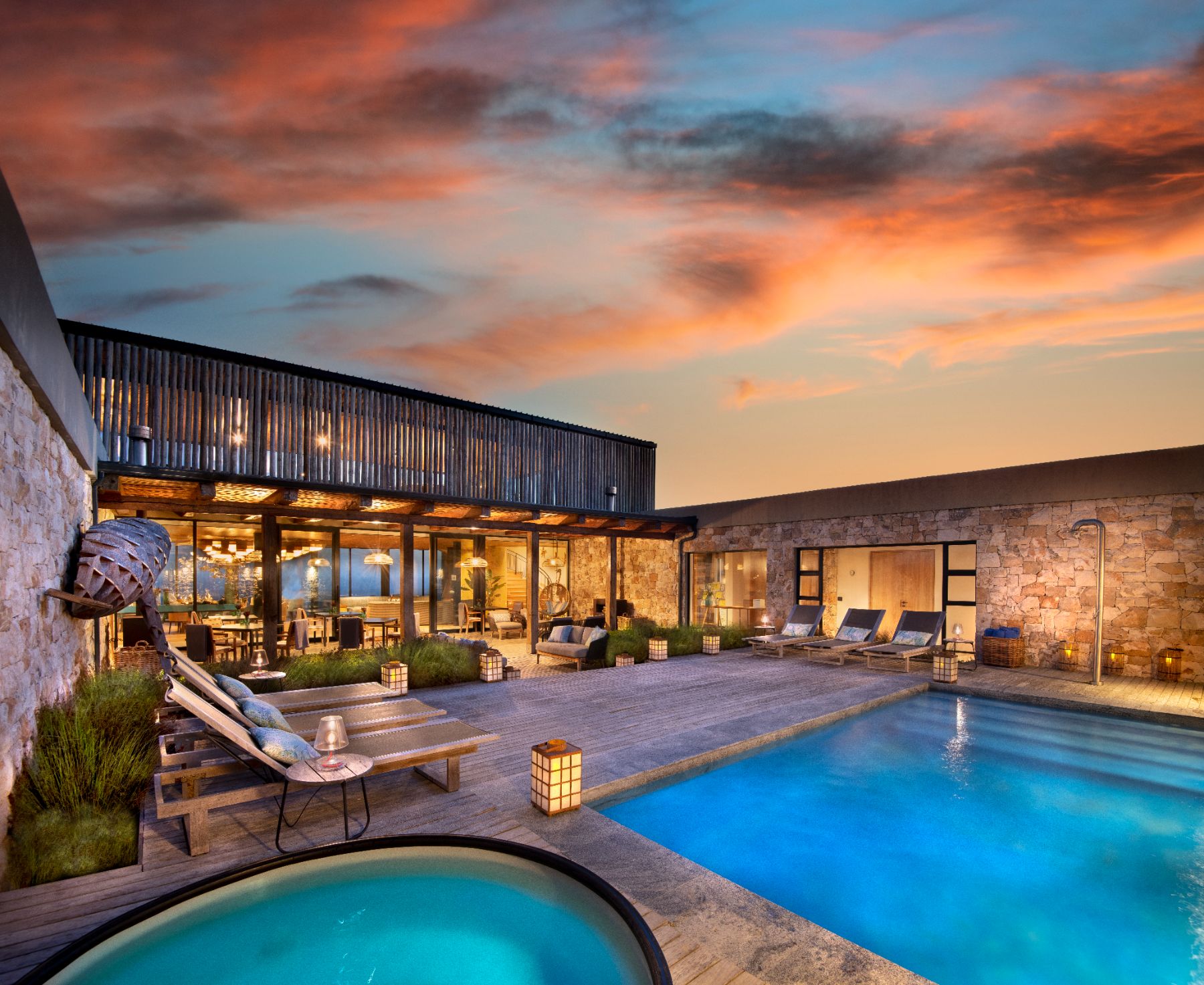 Swimming pool and jacuzzi in the courtyard at Morukuru Beach Lodge in the De Hoop Nature Reserve