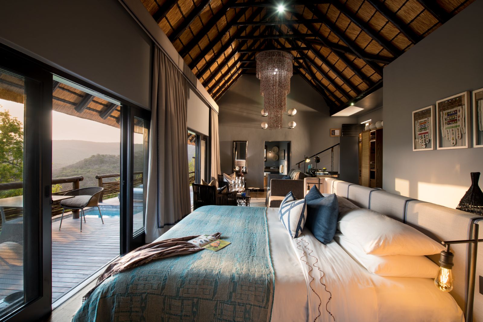 A suite at luxury safari lodge Phinda Mountain Lodge in South Africa with private terrace and plunge pool and views over the reserve
